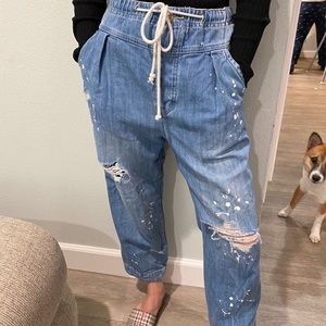 Free People Distressed Denim Joggers w drawstring
